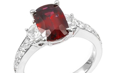 18 kt. White gold - Ring - GRS Report- Not Heated 3.03 ct Vivid Red Ruby, 0.95 ct Diamonds