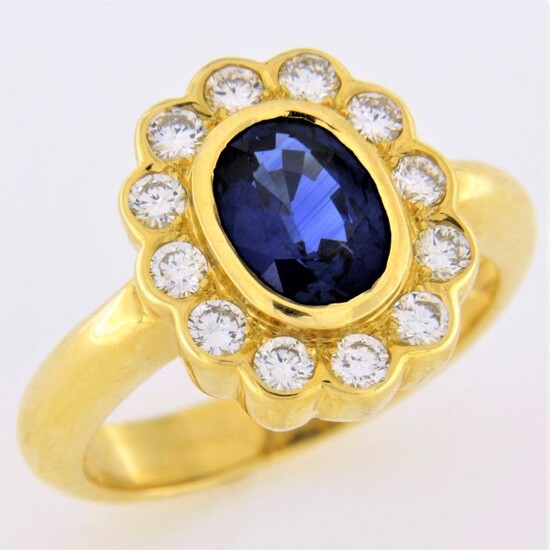 18 kt. Yellow gold - Ring - 1.60 ct Sapphire - Diamond