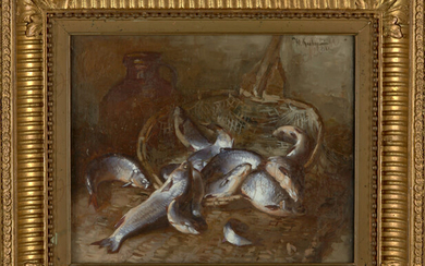 Клевер Юлий Юльевич (1882-1942) Натюрморт с рыбами и кувшином. 1923 г. Фанера, масло, 23×28 см.