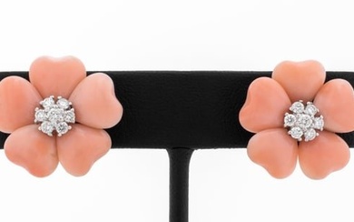 18K White Gold Pink Coral Diamond Floral Earrings