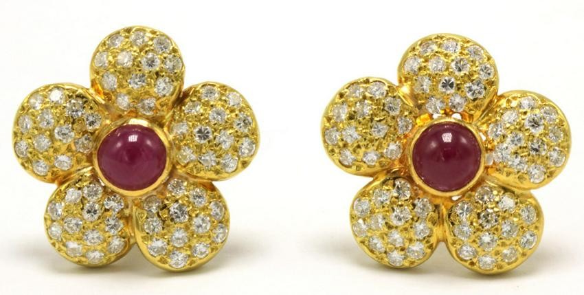 18Kt Cabochon Ruby & Diamond Flower Earrings