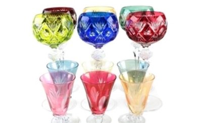 Bohemian Style Cased Cut to Clear Crystal and Flashed Glass Stemware