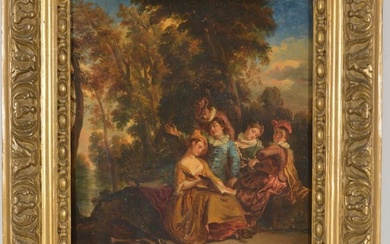18th century French old master painting on panel. Outdoor genre scene with figures playing music.