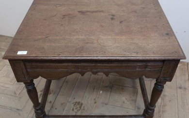 18th/19th C oak square topped table on turned supports...