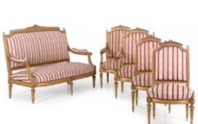 1918/113 - A French Louis XVI style giltwood set of seat furniture consisting of a sofa, a pair of armchairs and a pair of chairs. Late 19th century. Sofa L. 150 cm. (5)