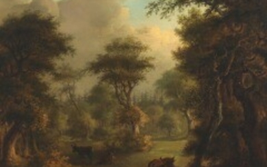 1927/113 - German painter, circa 1800: A landscape with cattle. Unsigned. Oil on canvas laid on compoboard. 42.5 x 54 cm.