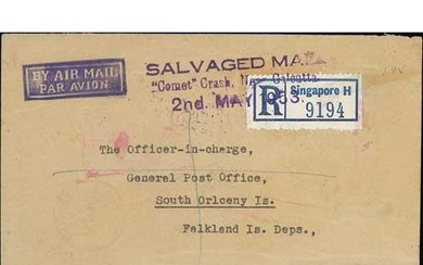 1953 (May 1) Registered air mail cover from Singapore to Sou...