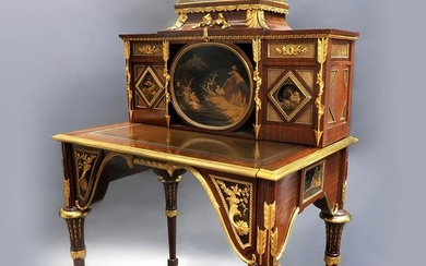 19th C. Bonheur du Jour Bronze & Japanese Lacquer-Mounted Mahogany Cabinet Desk By Alfred Beurdeley