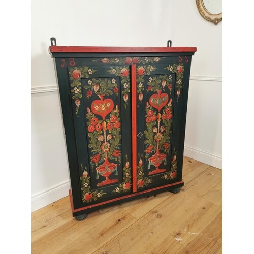 19th C. hand painted pine Swedish side cabinet with two pane...