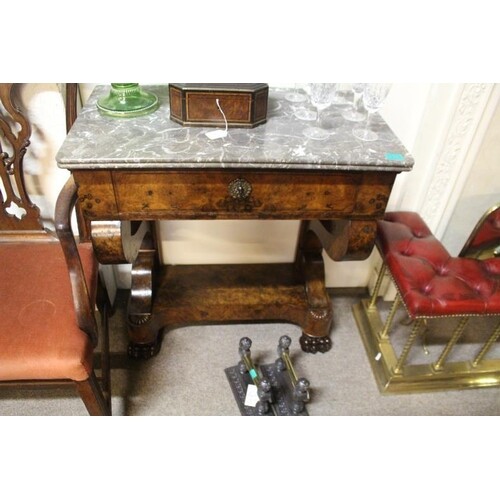 19th Century French Burr Walnut Consul Table With Marble Top...