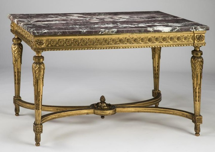 19th c. French gilt wood marble top console table