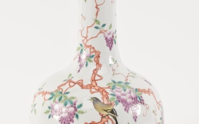 19th/20th century Chinese porcelain famille rose bird and grape vine decorated vase. Character marks