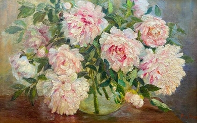 19thc. French Oil, Signed Piabet, Peonies
