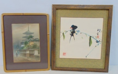 2 Asian paintings, bird on branch, signed & temple in mist, Tananchi (?), both watercolors, bird on