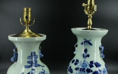 2 Chinese Blue & White Porcelain Vase Table Lamps
