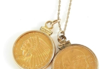 Bezel-set gold coin pendants on chain