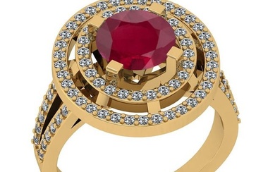 2.10 Ctw SI2/I1 Ruby And Diamond 14K Yellow Gold 2 Row Engagement Halo Ring