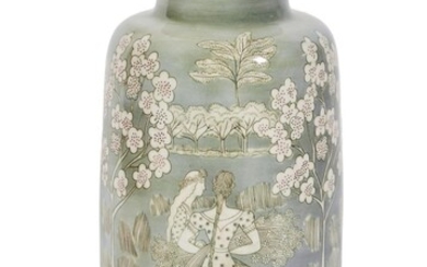 213 Anne-Marie FONTAINE pour Sèvres Important vase en porcelaine à fond céladon à décor de...