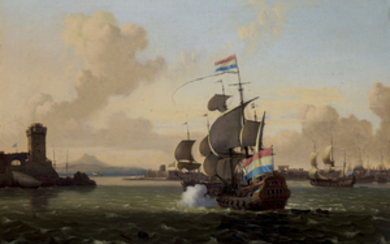 Jan Claesz. Rietschoof (Horn 1652-1719), A Dutch man-o’-war firing a salute, leaving the Bay of Naples