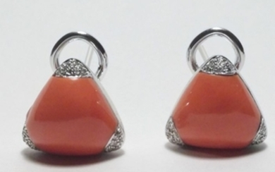 18 kt. White gold - Earrings - 0.40 ct Diamond - red coral