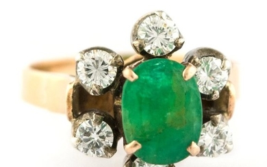 14 kt. Yellow gold - Ring Emerald - Diamond