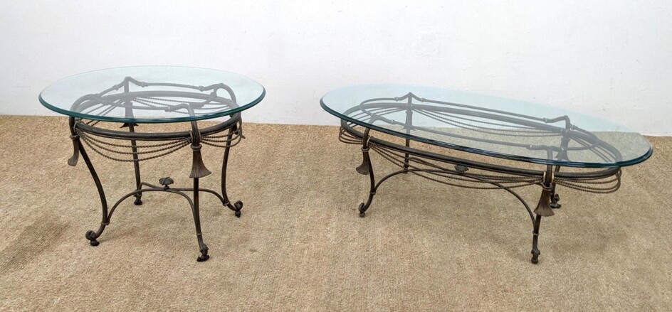 2pc Glass Top Metal Base Tables. Oval Coffee Table. Rou