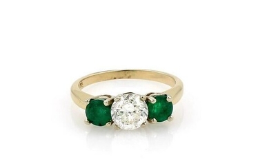 3 Stone Diamond Emerald Engagement Ring in Yellow Gold