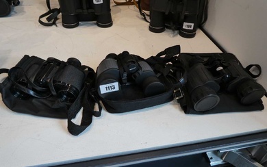 3 pairs of binoculars, 1 by Waltex (7x35), 1 by...