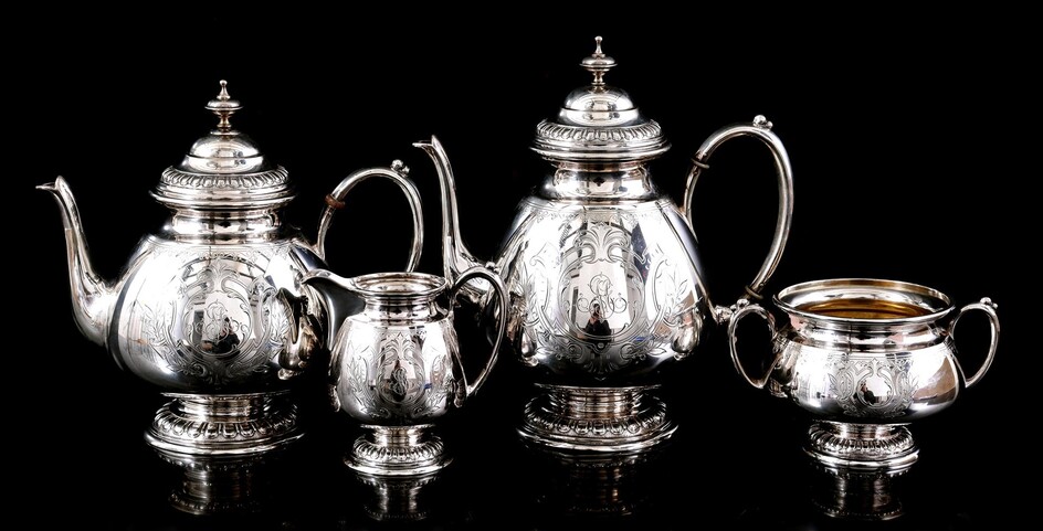(-), 4-piece coffee-tea set with engraved decor with...
