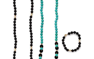 A Collection of Yellow Gold and Onyx Bead Jewelry