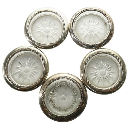 (5 Pc) Vintage Silver Plated & Cut Glass Coasters Set