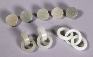 5 Qing Jade Lotus Buttons, 3 Multi-Ring Earrings