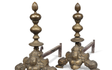 A PAIR OF QUEEN ANNE-STYLE BRASS ANDIRONS, 19TH CENTURY