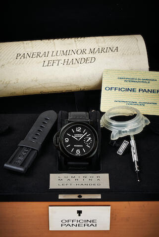 Officine Panerai. A Limited Edition PVD Stainless Steel Cushion Form Left-Handed Wristwatch