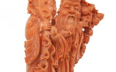 61013: A Chinese Carved Coral Double Figural Group on W