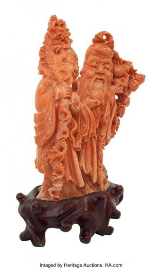 61013: A Chinese Carved Coral Double Figural Group on W