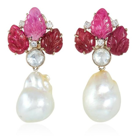 PEARL, RUBY AND DIAMOND EARRINGS in platinum or white