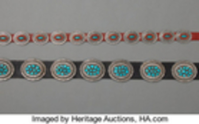 Two Navajo Concho Belts c. 2000 silver, turquoise,...