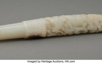 78013: A Chinese Carved Celadon and Russet Jade Mouthpi