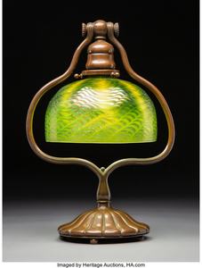 79013: Tiffany Studio Bronze Harp Desk Lamp with Damasc