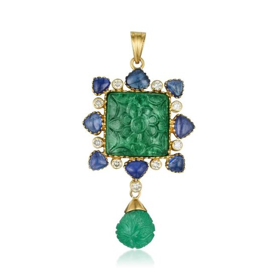A Carved Emerald Diamond and Sapphire Pendant