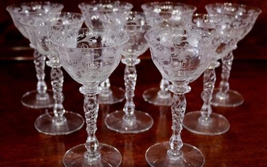9 pieces of Fostoria etched wine glasses