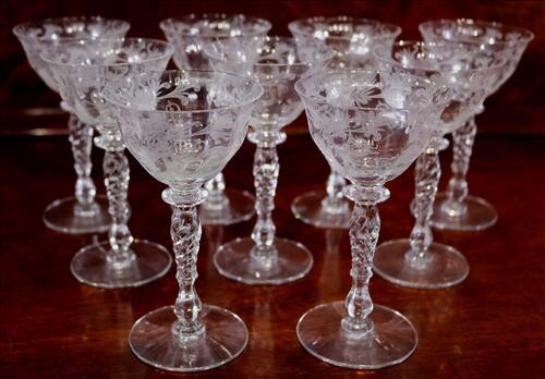 9 pieces of Fostoria etched wine glasses