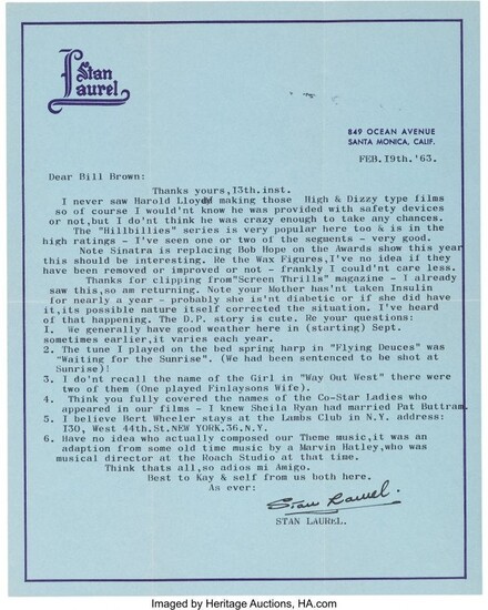 90013: Stan Laurel Signed Letter Using Full Name. Stan