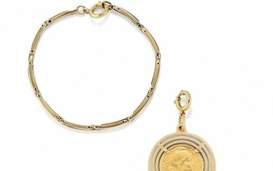 A 18k yellow gold, enamel and coin bracelet, defects