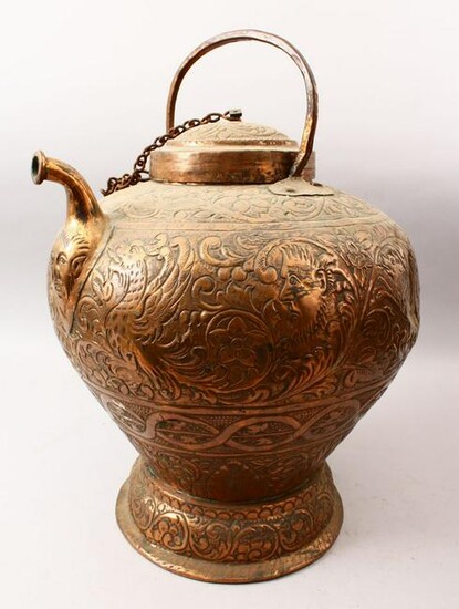 A 19TH CENTURY EMBOSSED BRASS JUG & COVER, with