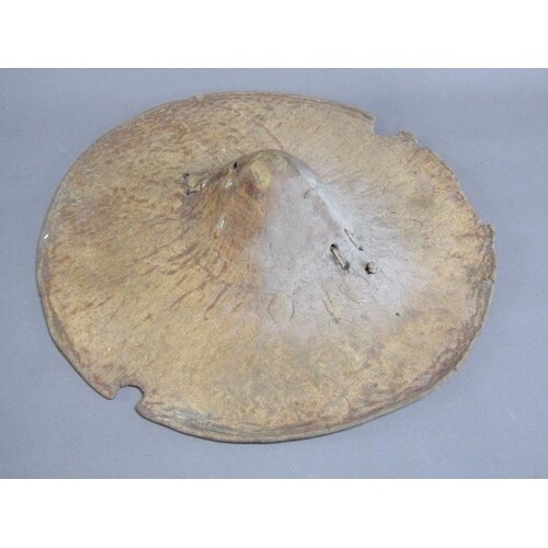 A 19c African animal hide shield of circular form with a dom...