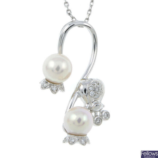 A 9ct gold cultured pearl and diamond pendant, depicting lily-of-valley, with chain.