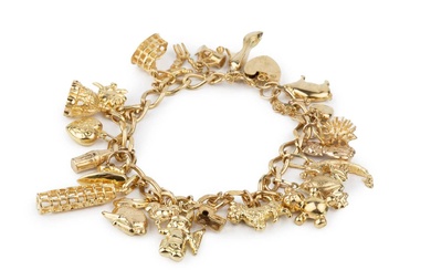 A 9ct gold curb link charm bracelet, with padlock clasp,...