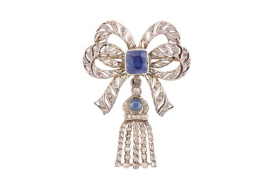 A BOW SAPPHIRE AND DIAMOND BROOCH